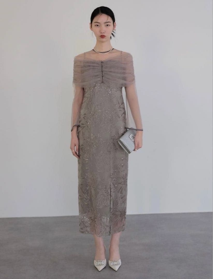 Lejaチュールオフショルダー花柄IラインワンピースドレスM