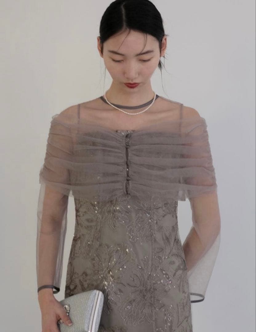 Lejaチュールオフショルダー花柄IラインワンピースドレスM