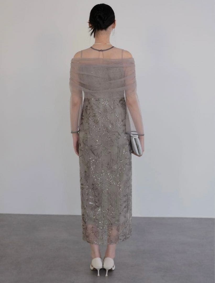 Lejaチュールオフショルダー花柄IラインワンピースドレスM