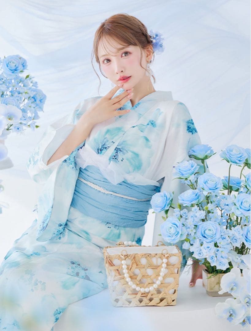 ブルーグレイニュアンスフラワー浴衣 2点セット