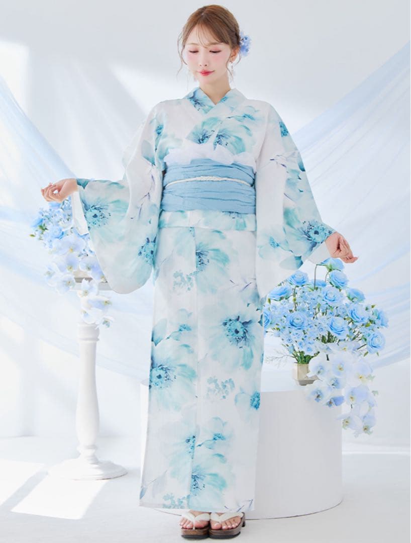 ブルーグレイニュアンスフラワー浴衣 2点セット