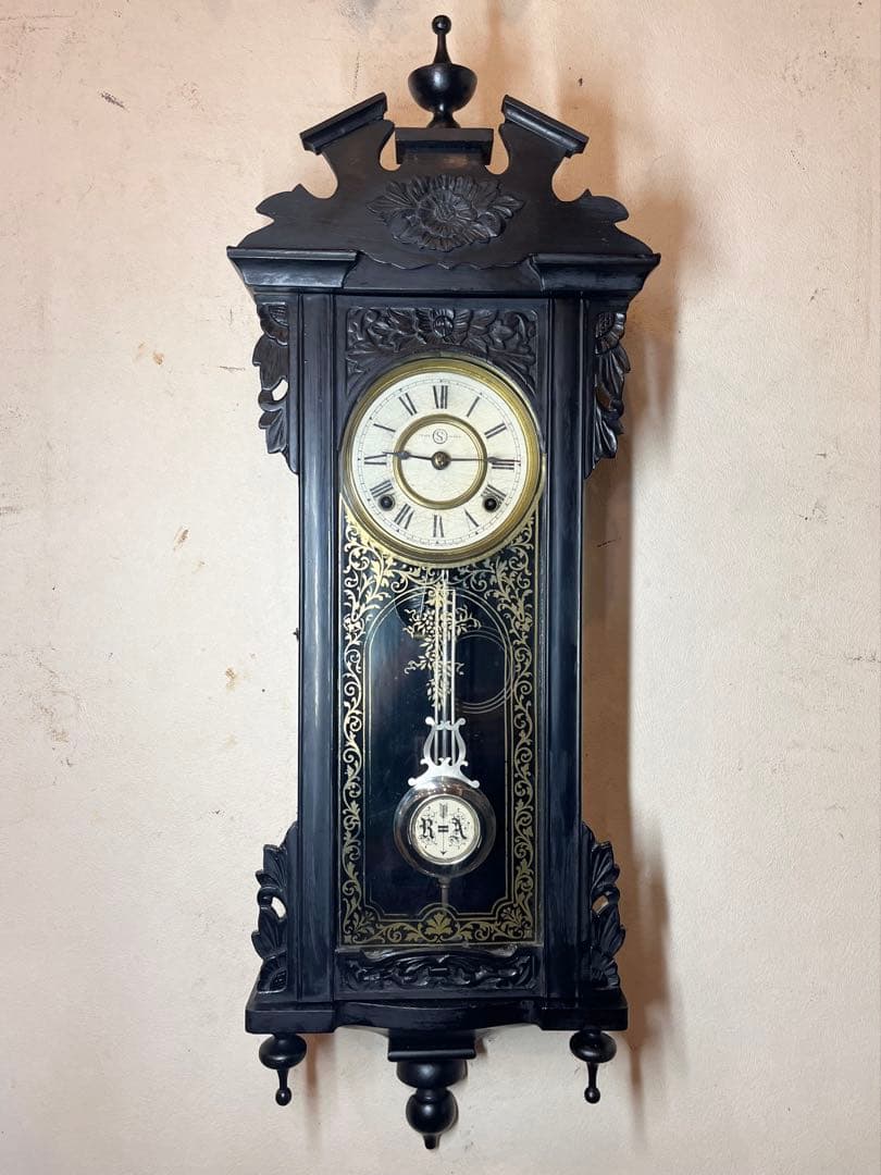精工舎　黒塗スリゲル　柱時計　古時計　振り子　ゼンマイ　ボンボン　ユンハンス