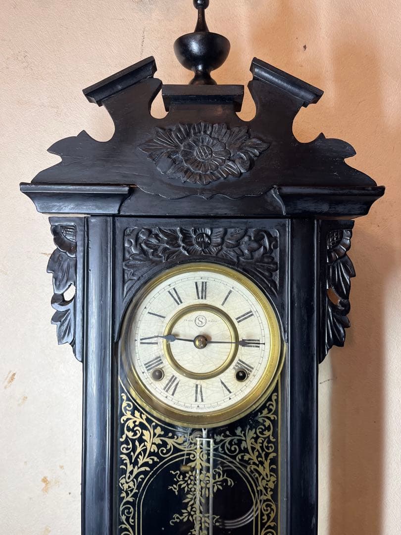 精工舎　黒塗スリゲル　柱時計　古時計　振り子　ゼンマイ　ボンボン　ユンハンス