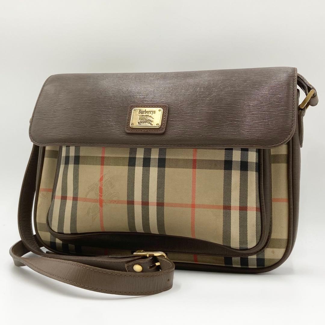 バーバリー　ショルダーバッグ　ノバチェック　キャンバス　レザー　ブラウン