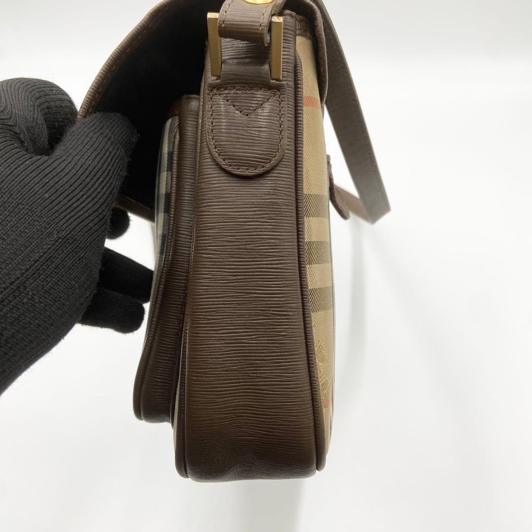 バーバリー　ショルダーバッグ　ノバチェック　キャンバス　レザー　ブラウン