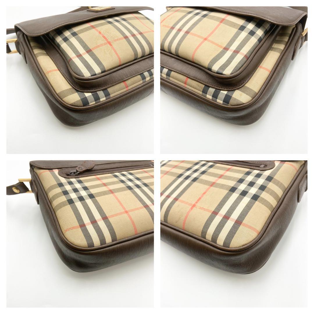 バーバリー　ショルダーバッグ　ノバチェック　キャンバス　レザー　ブラウン