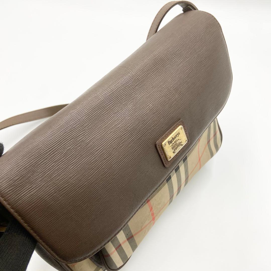 バーバリー　ショルダーバッグ　ノバチェック　キャンバス　レザー　ブラウン