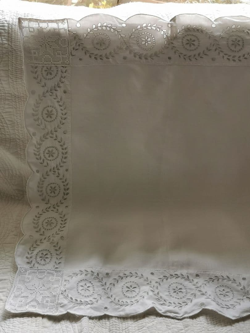 アンティーク フランス オープンカットワーク刺繍＆フィレレース クッションカバー