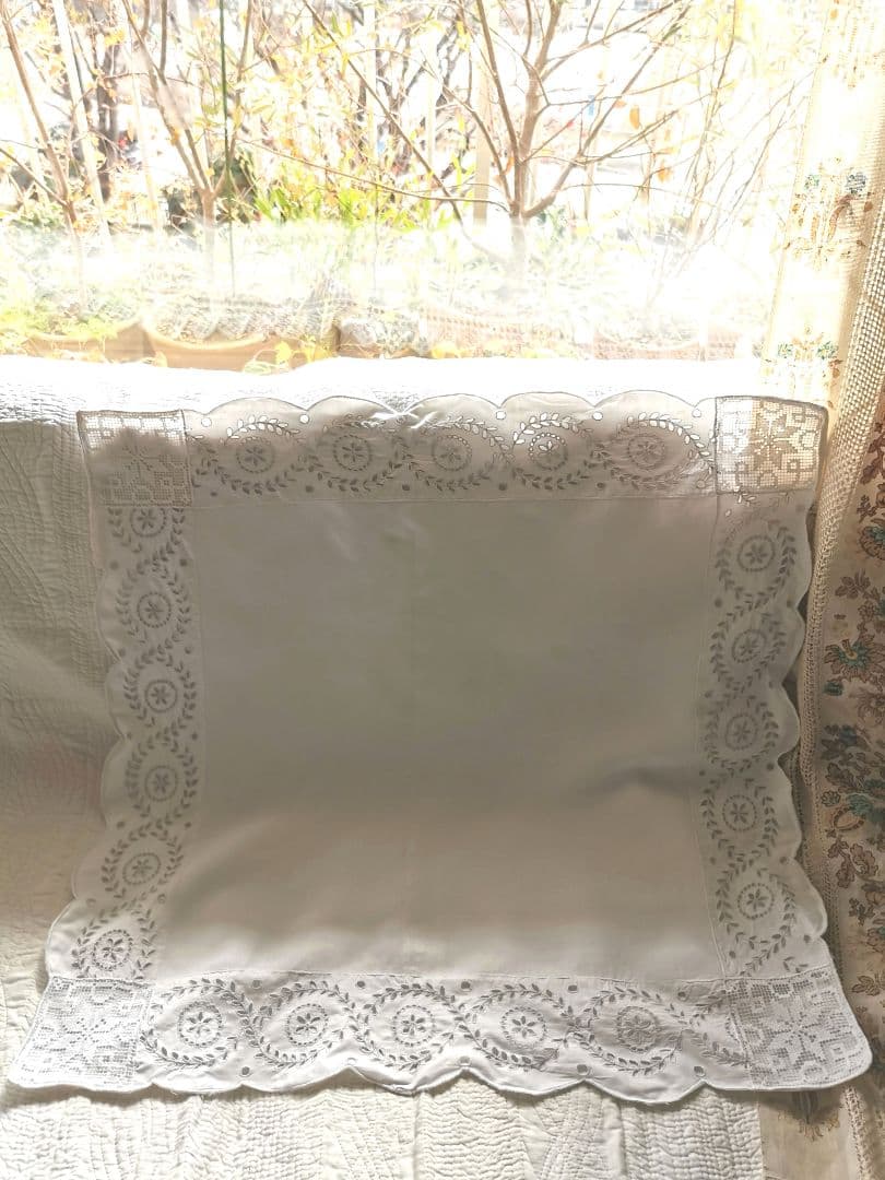 アンティーク フランス オープンカットワーク刺繍＆フィレレース クッションカバー