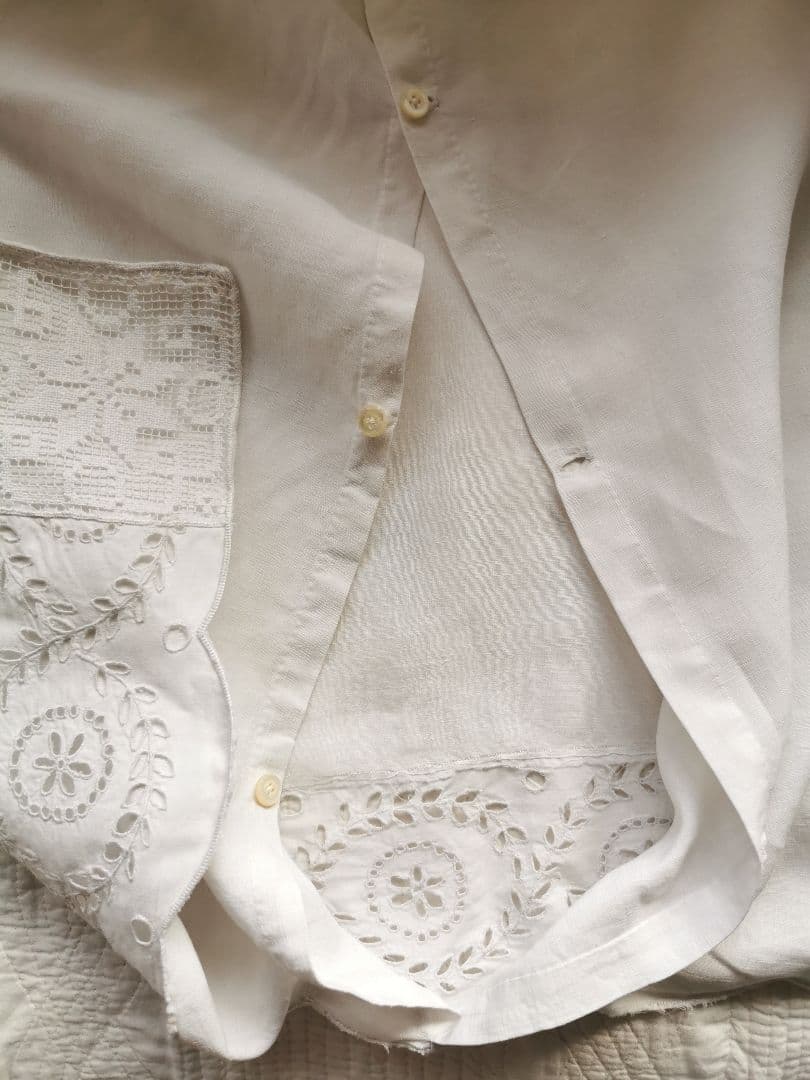 アンティーク フランス オープンカットワーク刺繍＆フィレレース クッションカバー