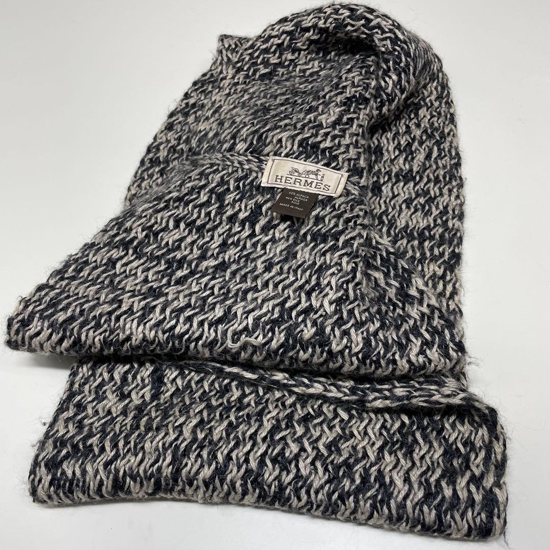 ひ*り様 HERMES ブラック ホワイト スヌード　アンゴラ