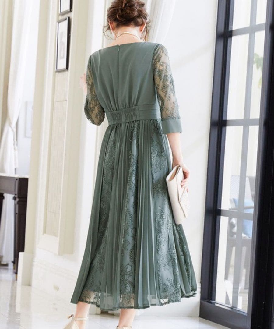 プリーツ×レース 7分袖結婚式ワンピースドレス成人式同窓会二次会　Mさいず 緑