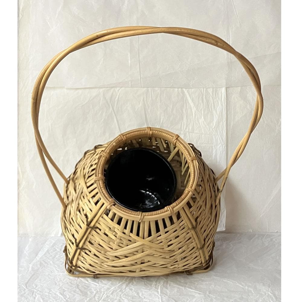 F1422 平安 元竺 宗全篭 共箱 粟田元竺 花入 宗全籠 花籠 竹花入