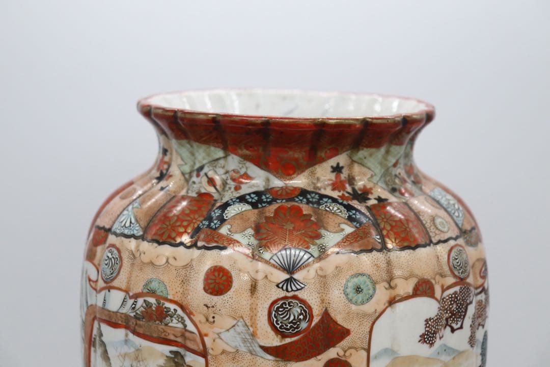 江戸　加賀国九谷造　赤絵灯籠型瓶　人物紋　高さ約35cm 送料込み250723