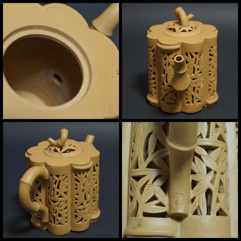 中国宜興 名工 範澤春作 細工透かし彫り『竹彫鏤空』 造形紫砂壺 朱泥急須