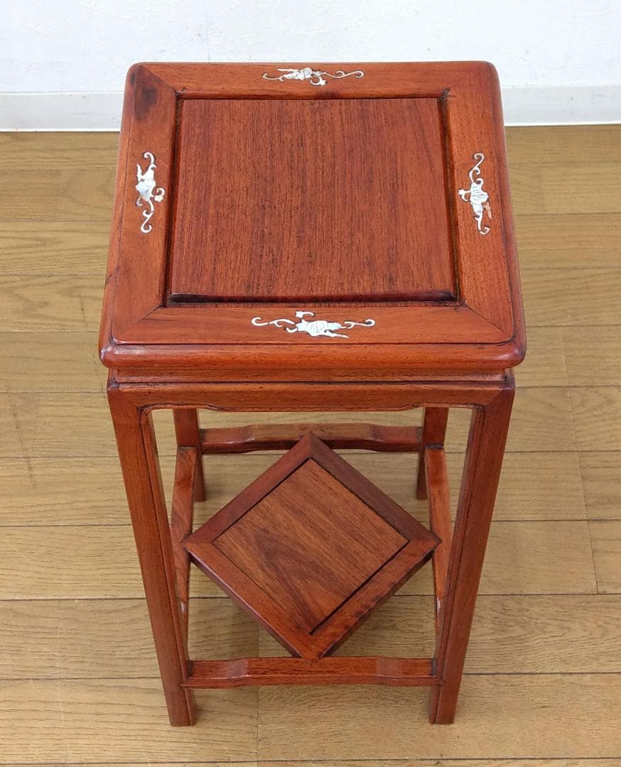 美品 唐木 花梨 象嵌 螺鈿細工 高卓 正方卓 花台 飾り台 香炉台 盆栽台
