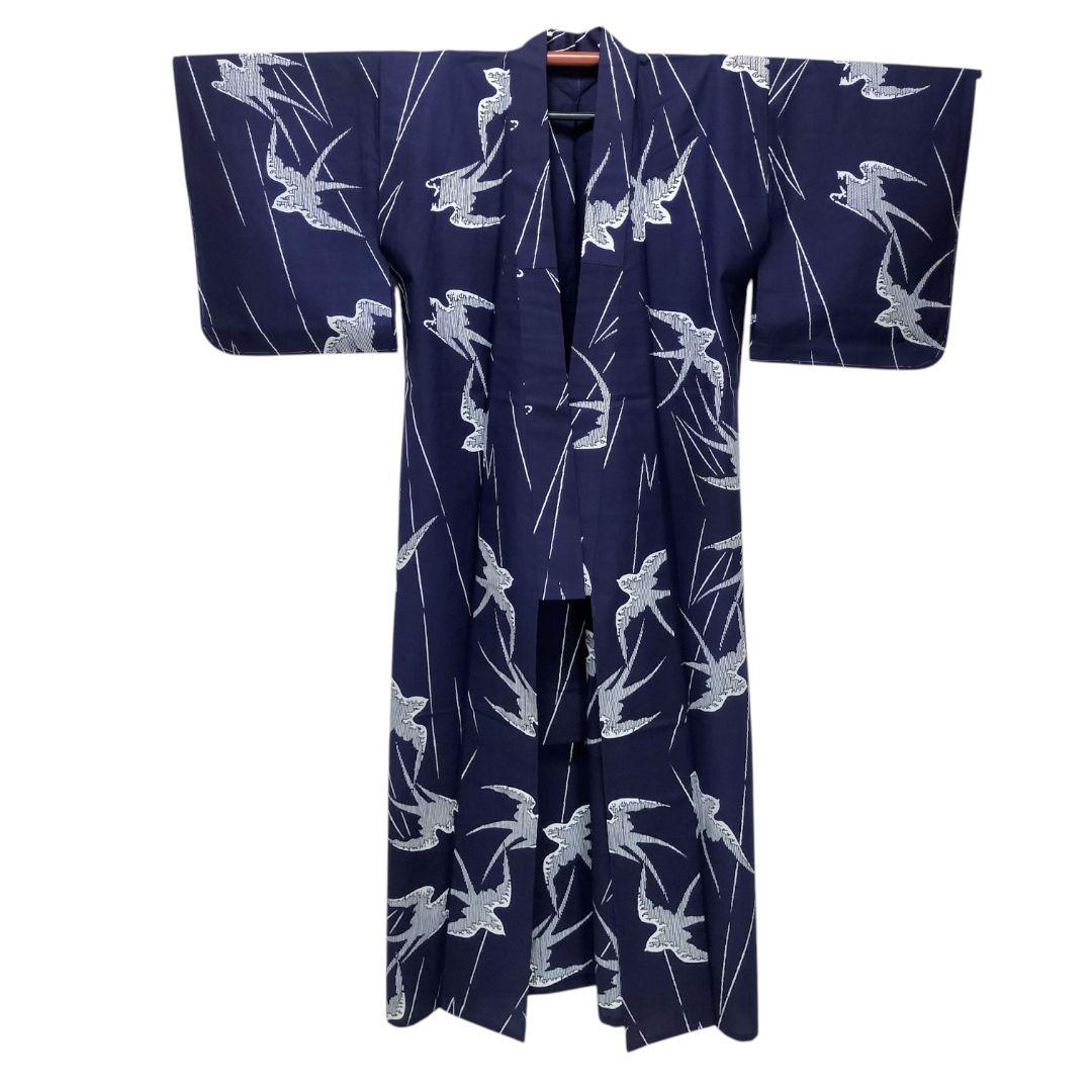【浴衣】燕模様　ツバメ　鳥　未使用品　藍染 注染　紺　ネイビー レトロ　古典 綿