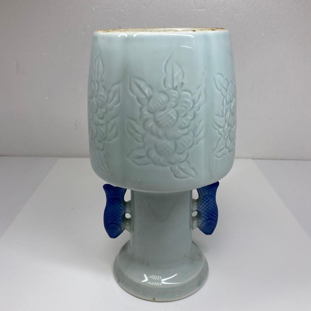 中国美術　魚耳　青磁花瓶　高さ約21.8㎝　タサオ　東さ7-0609②