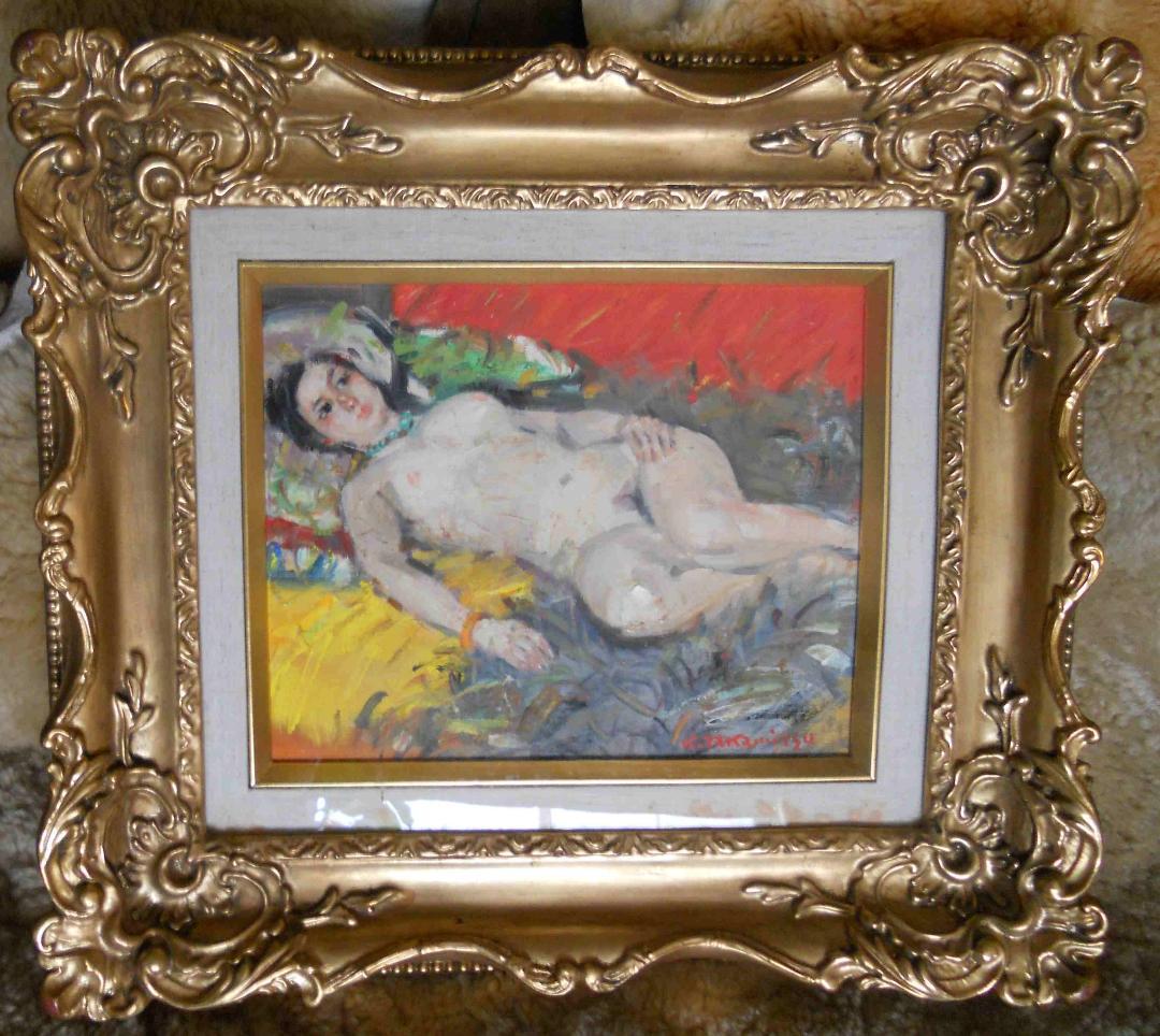 高光一也 絵画 油絵 「 横たわる裸婦 」 昭和 モダニズム 油彩 です。