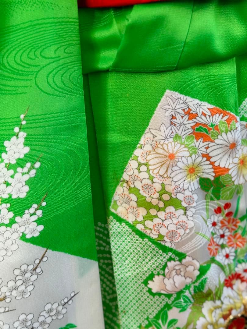 七五三に★レトロな黄緑色に御所車　疋田模様　七歳着物フルセット