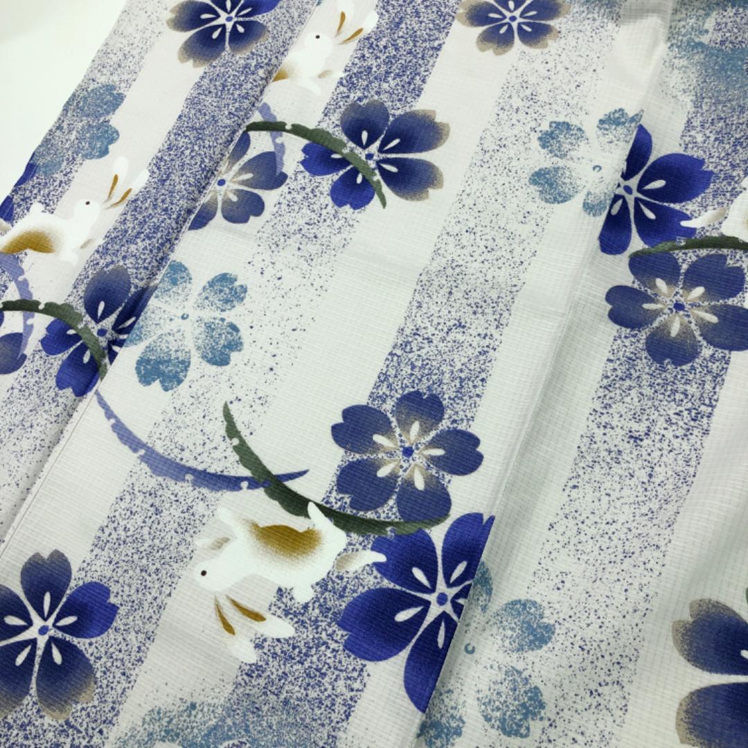 夏着物 浴衣 綿紅梅 兎に雪芝 桜の花 白色 トールサイズ K-5139