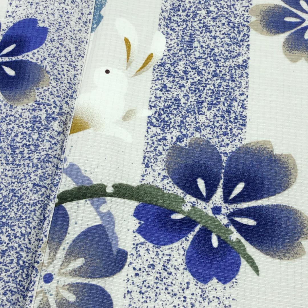 夏着物 浴衣 綿紅梅 兎に雪芝 桜の花 白色 トールサイズ K-5139