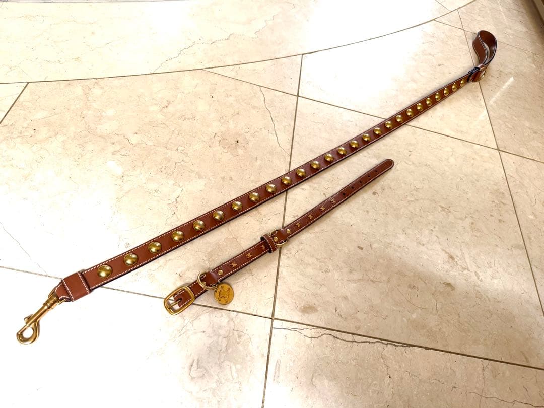セリーヌ　ブラウンレザー スタッズ付きリード