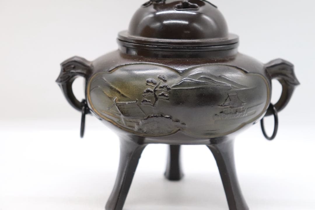 銅製　獅子摘み香炉　共箱　茶道具　送料込み250926