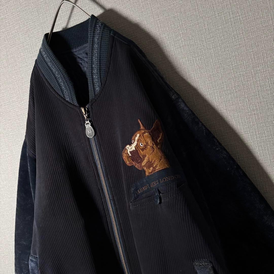 ハーディエイミス ブルゾン ベロア切替 刺繍 裏地キルティング ネイビー XL