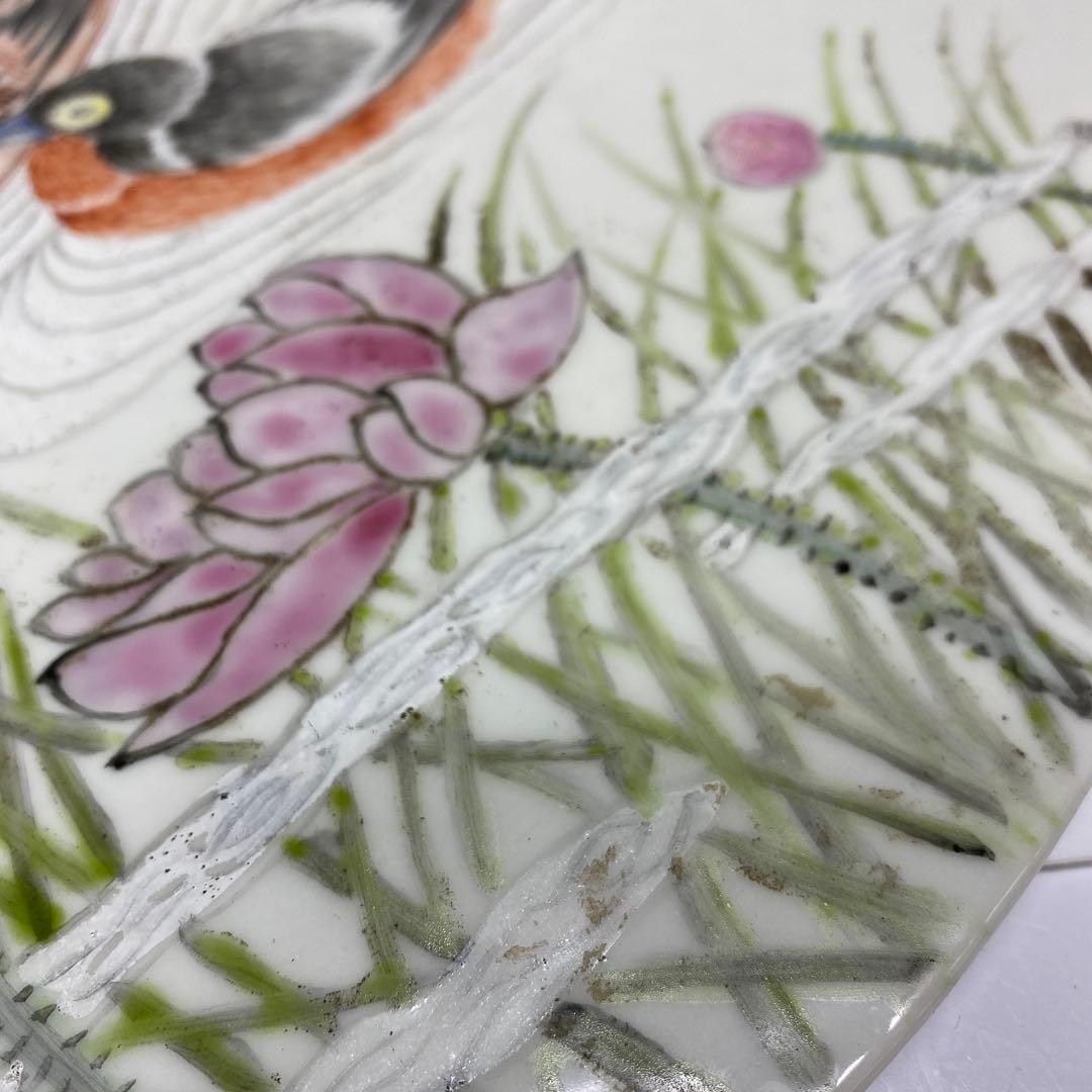 中国清時代　粉彩花鳥図　陶版　直径34.5㎝ タルサ　東さ7-0105☆2F