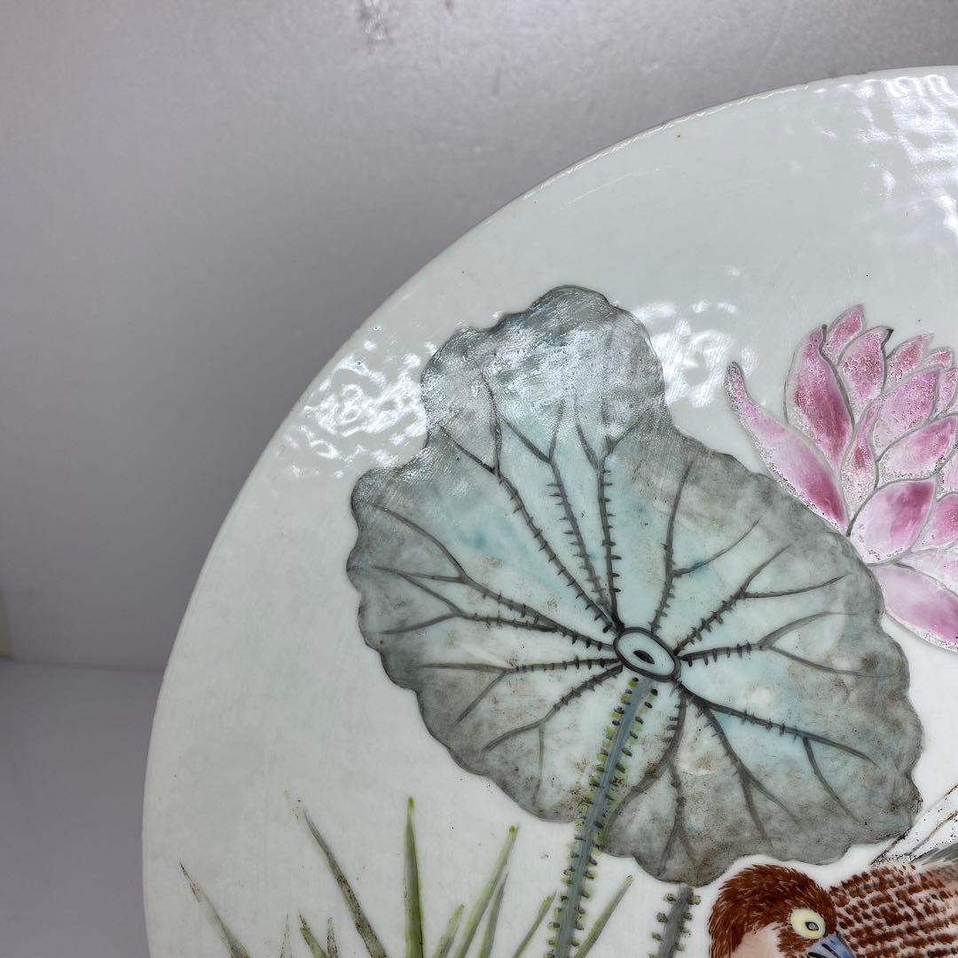 中国清時代　粉彩花鳥図　陶版　直径34.5㎝ タルサ　東さ7-0105☆2F