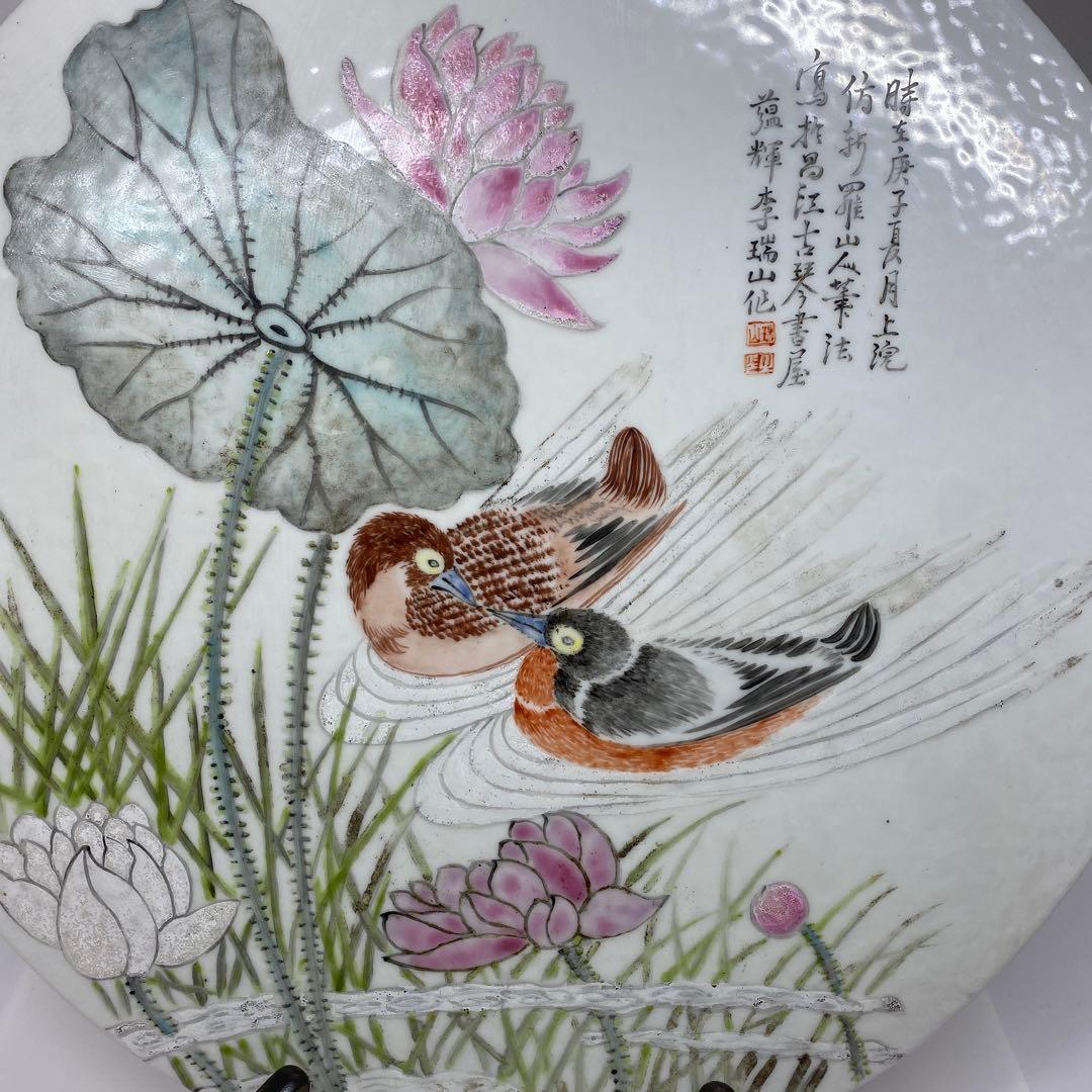 中国清時代　粉彩花鳥図　陶版　直径34.5㎝ タルサ　東さ7-0105☆2F