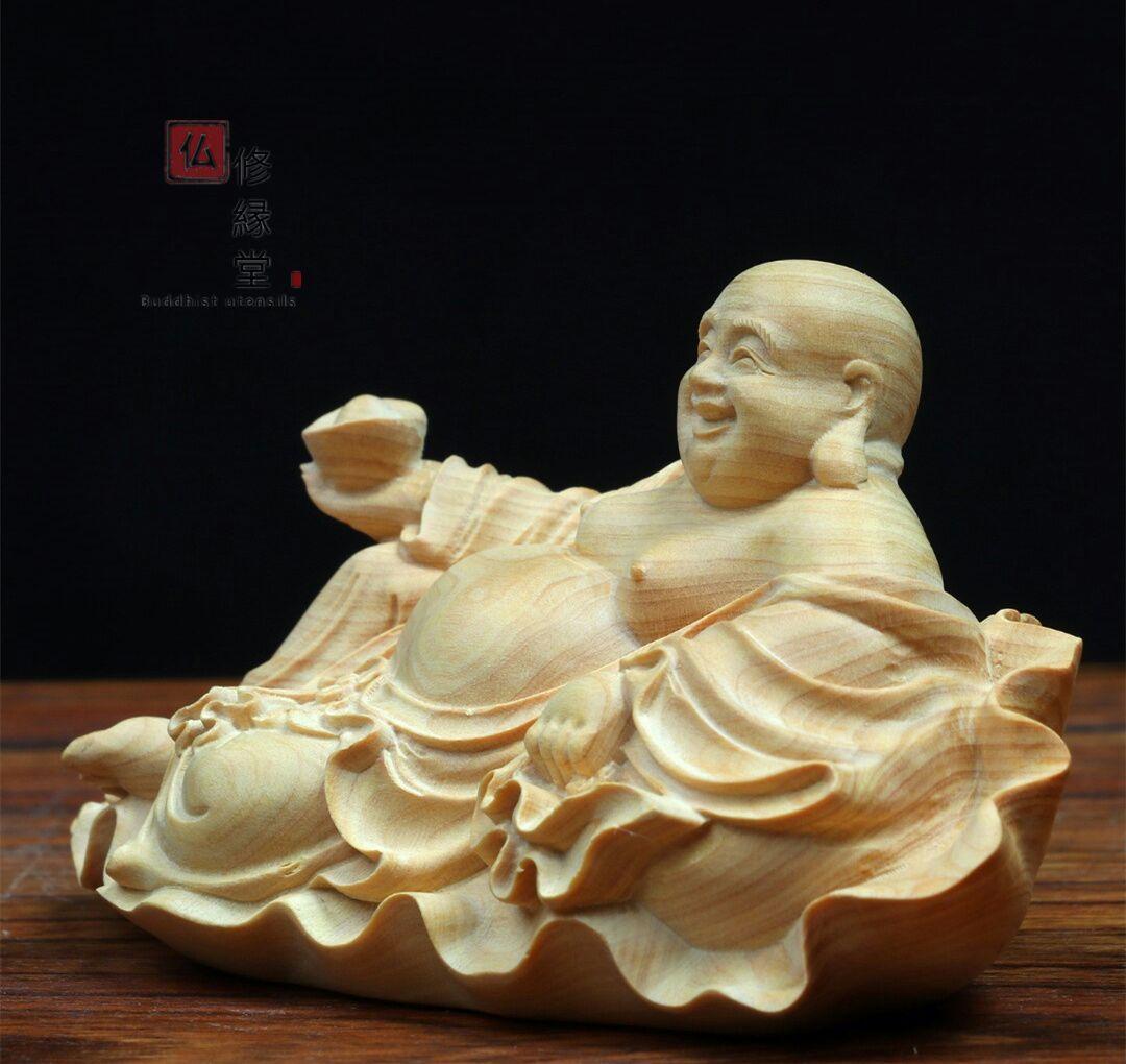 【修縁堂】極上彫 七福神 弥勒仏 布袋様 木彫り 仏像 仏教工芸品 柘植材