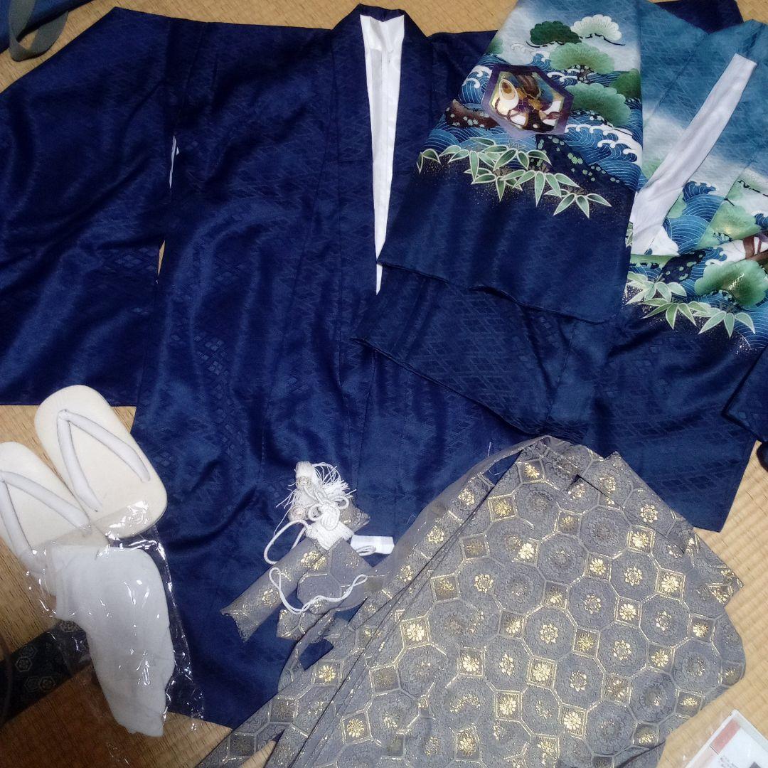 1回着用のみ 5歳男児 七五三着物セット 紺色 伝統的デザイン