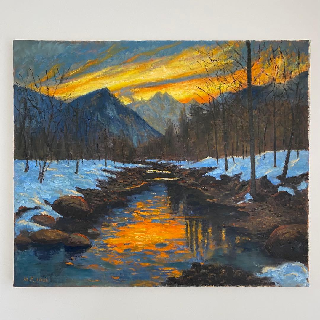 雪山 夕陽 F20 風景画 油彩画 絵画