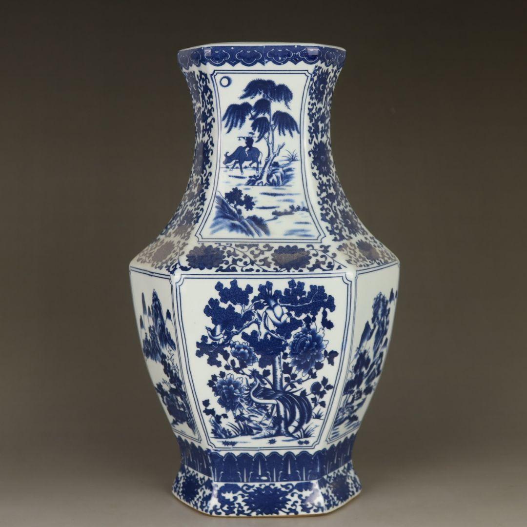 中国美術 青花山水花鳥紋六方扁瓶 景徳鎮 陶磁器 装飾品 工芸品 美術品 置物