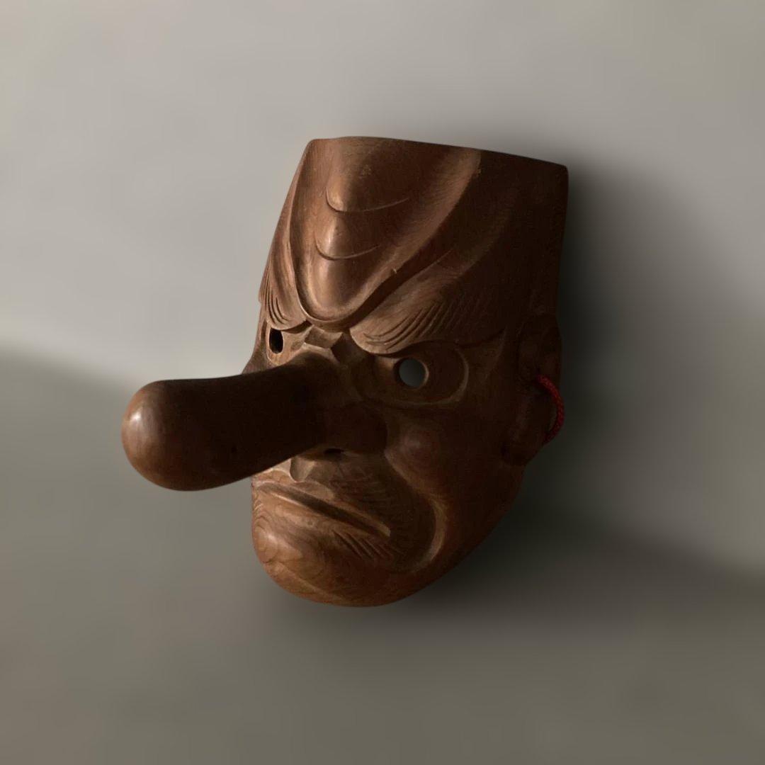 天狗　木彫一刀彫り　お面　天然木　壁掛　魔除　開運