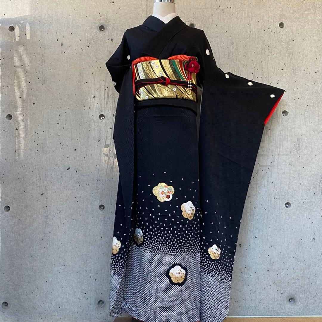 正絹　振袖　絞り　一部刺繍　ガード　黒　袷