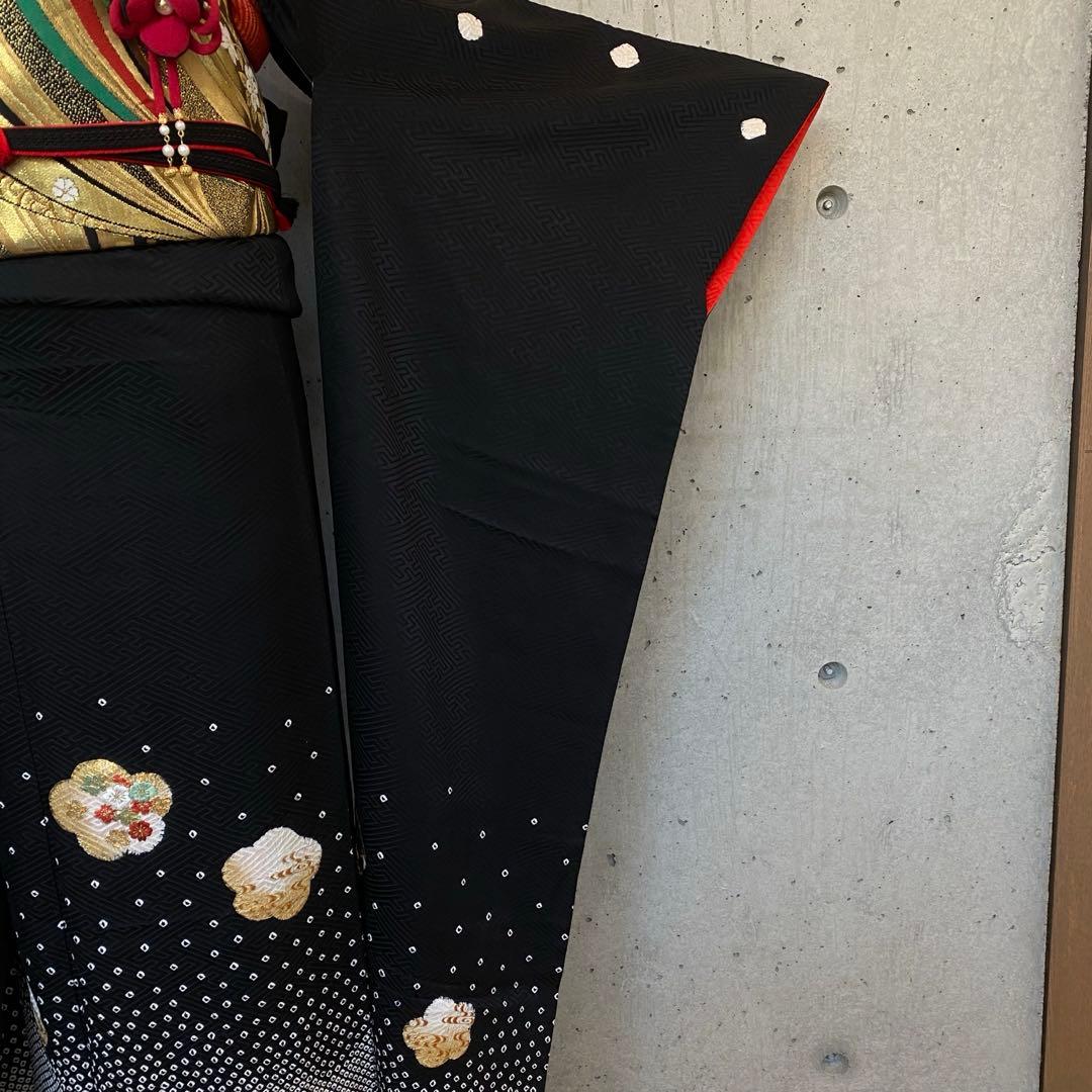 正絹　振袖　絞り　一部刺繍　ガード　黒　袷