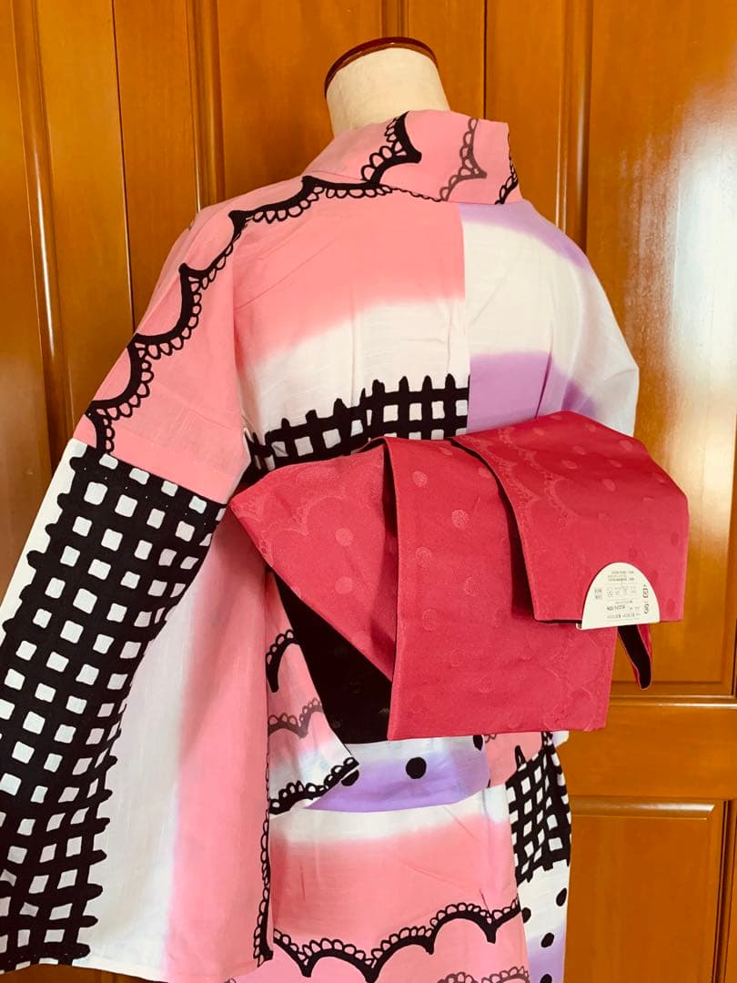 ツモリチサト　レースとチェック柄の浴衣とリバーシブル半幅帯　帯飾り紐もオマケ