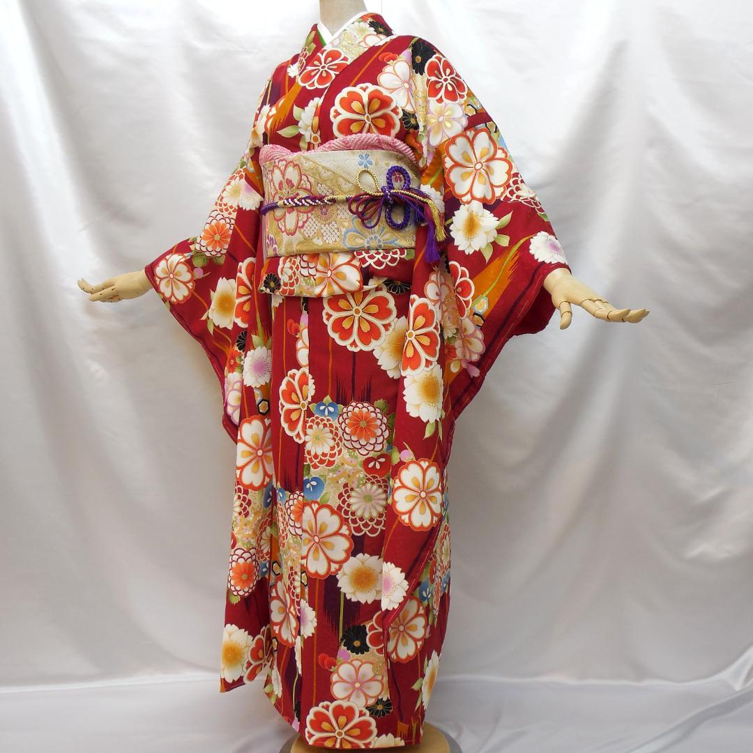 未使用品★洗える振袖　振袖フルセット　ポリ　成人式　振袖　M～Ｌサイズ　赤　花柄