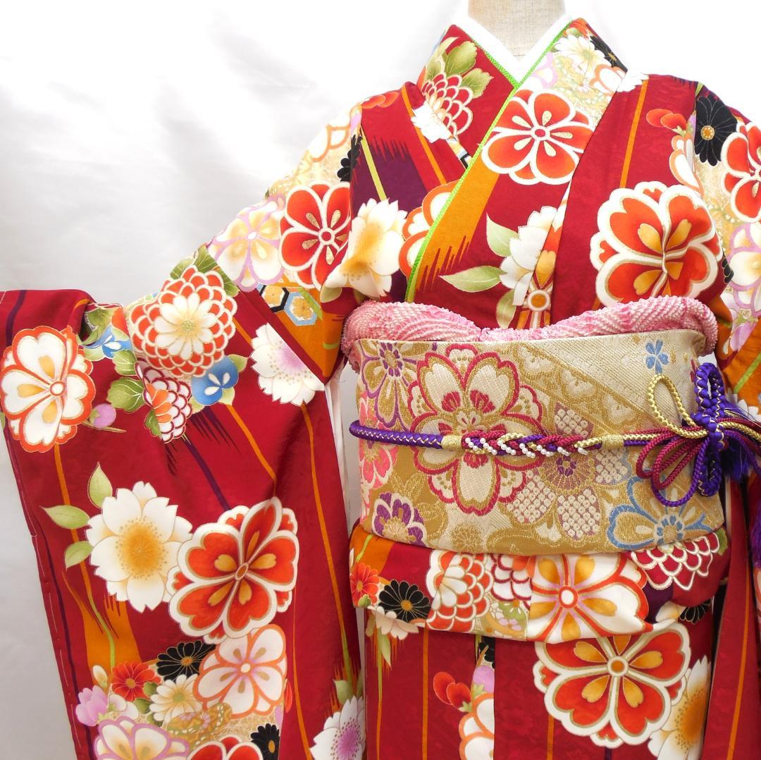 未使用品★洗える振袖　振袖フルセット　ポリ　成人式　振袖　M～Ｌサイズ　赤　花柄