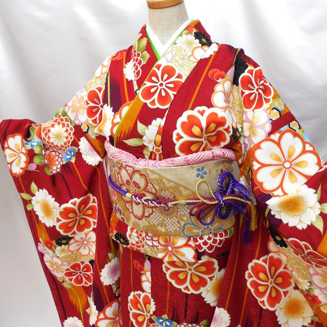 未使用品★洗える振袖　振袖フルセット　ポリ　成人式　振袖　M～Ｌサイズ　赤　花柄