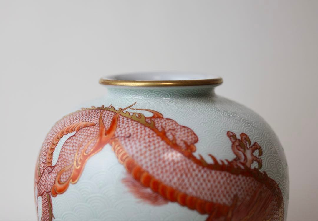 九谷焼 榮山 青海波 赤絵 龍 辰 花瓶 茶道具