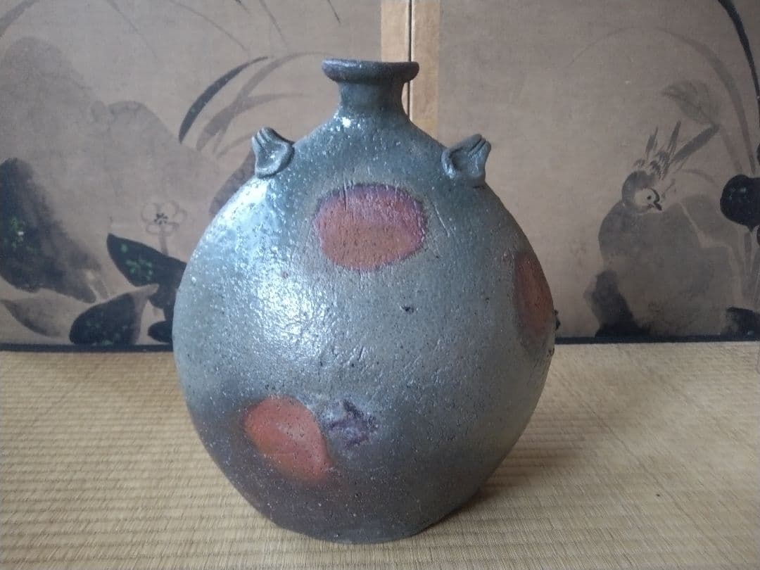 備前焼　森陶山作　扁壺　個展出品作　飾り壺　花器　骨董　日展作家　佳品