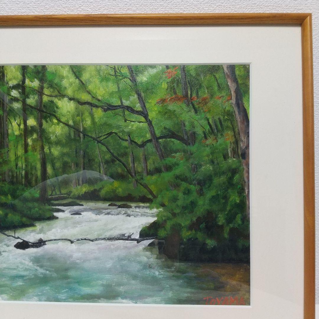 油彩画 自然風景 緑色系 木製フレーム