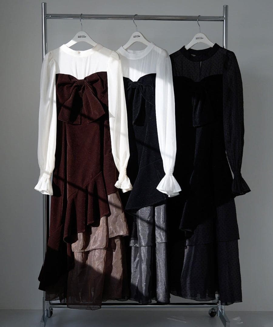 新品 NICE CLAUP オケージョン ベロアリボン異素材ロングワンピース