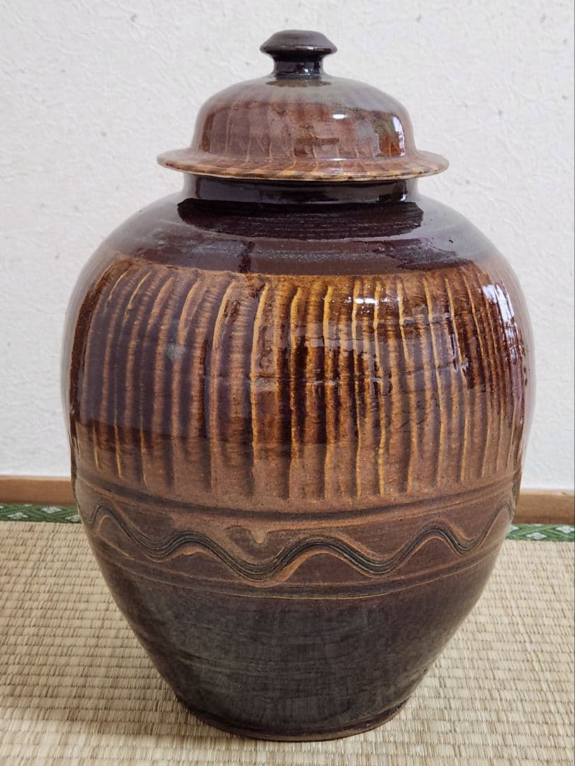 小鹿田焼　飴釉　壺　茶壺