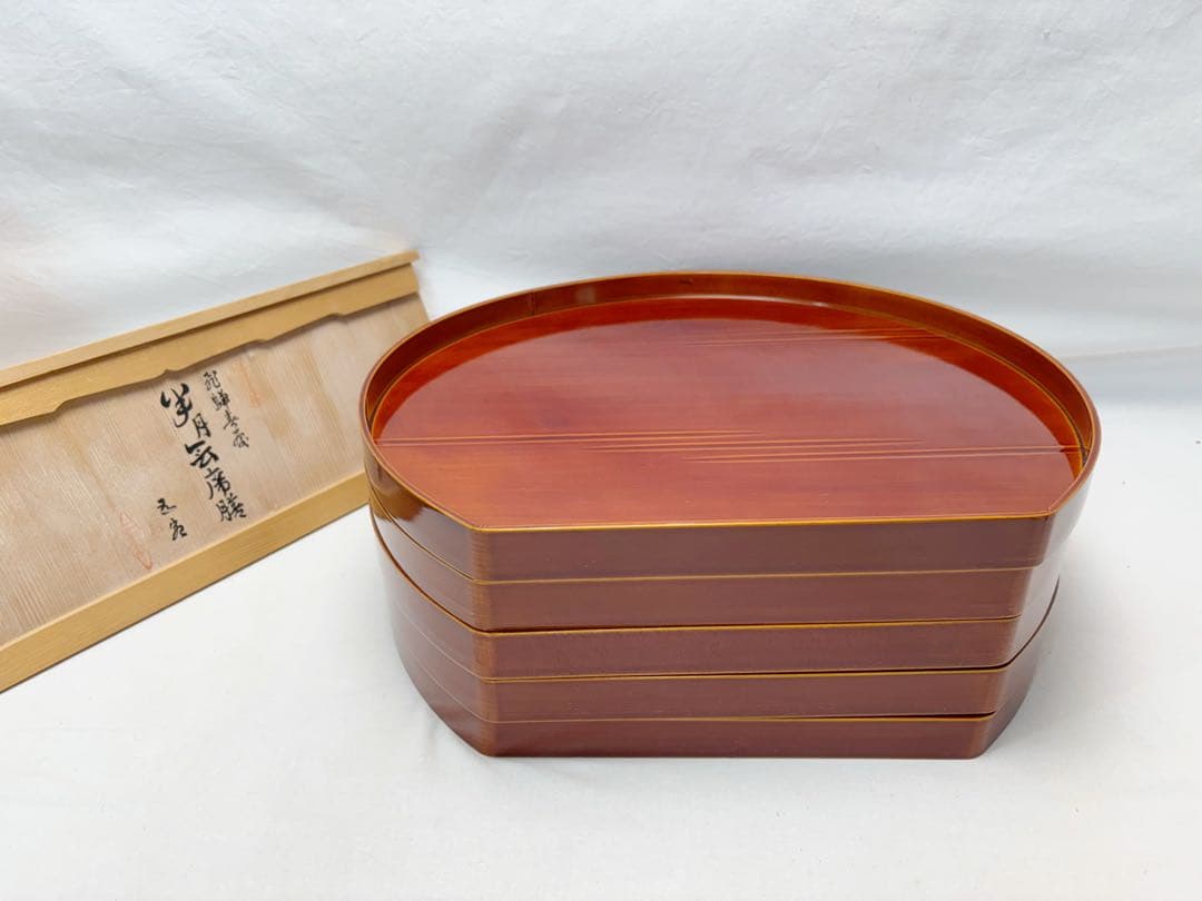 ほぼ未使用 懐石道具 飛騨春慶塗 半月会席膳 5客揃 平膳 天然木製 共箱