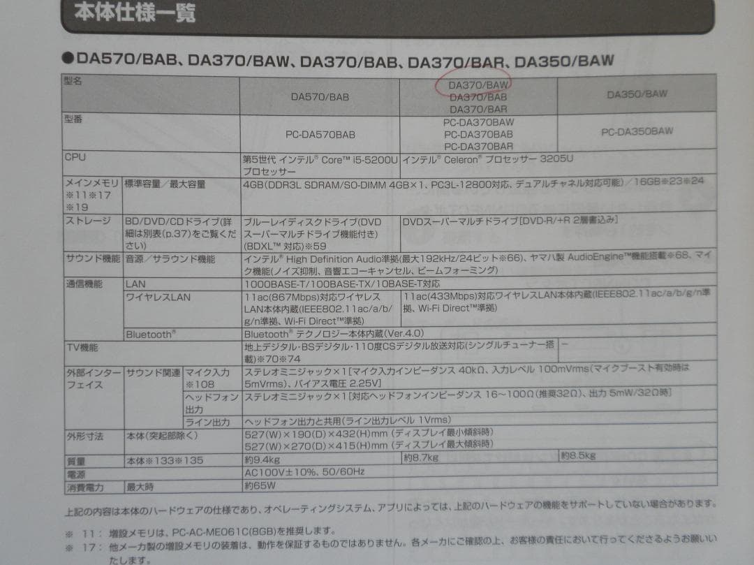 NEC　LAVIE DA370BAW　一体型デスクトップPC　ファインホワイト